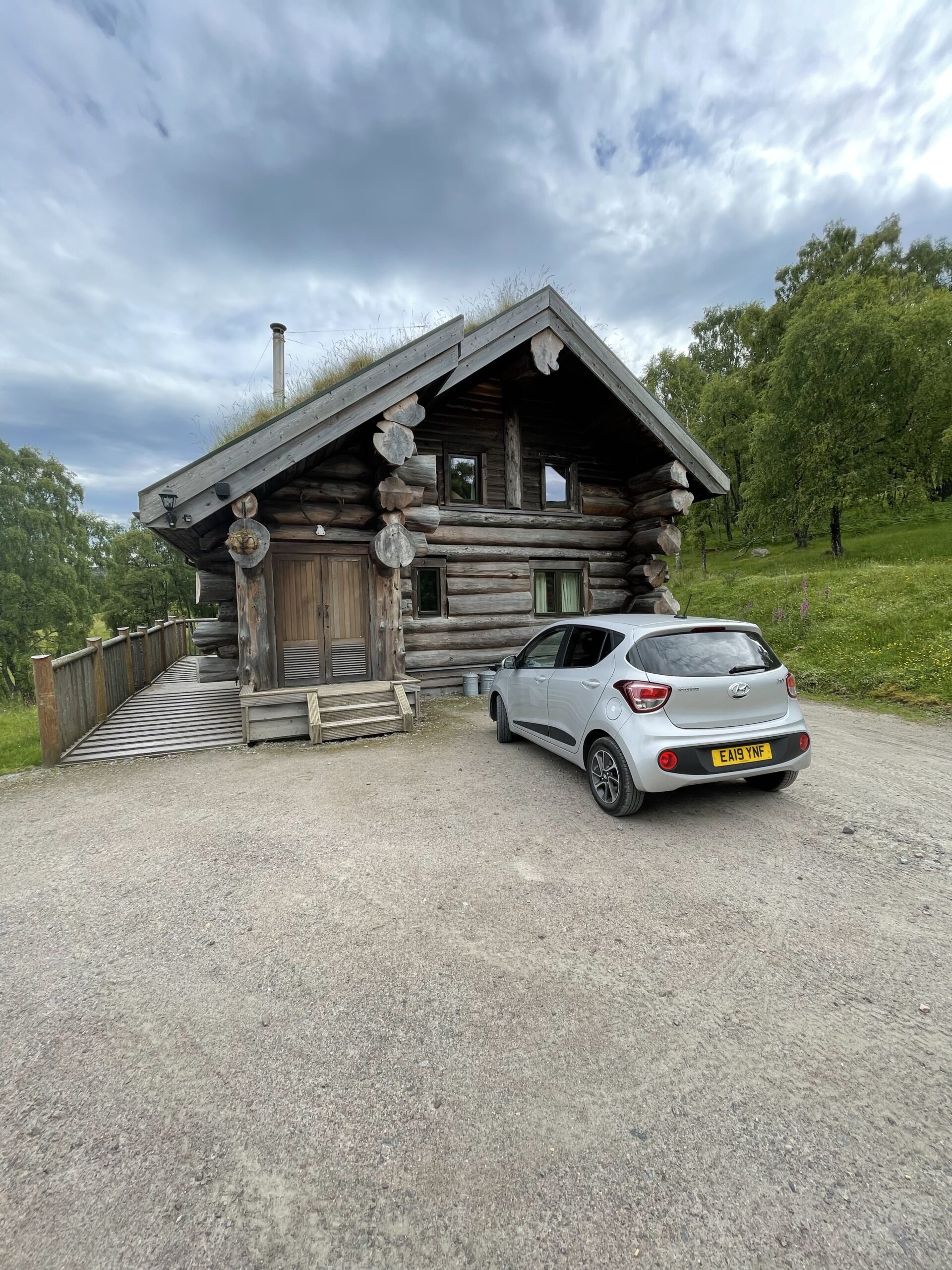 The front of the log cabin